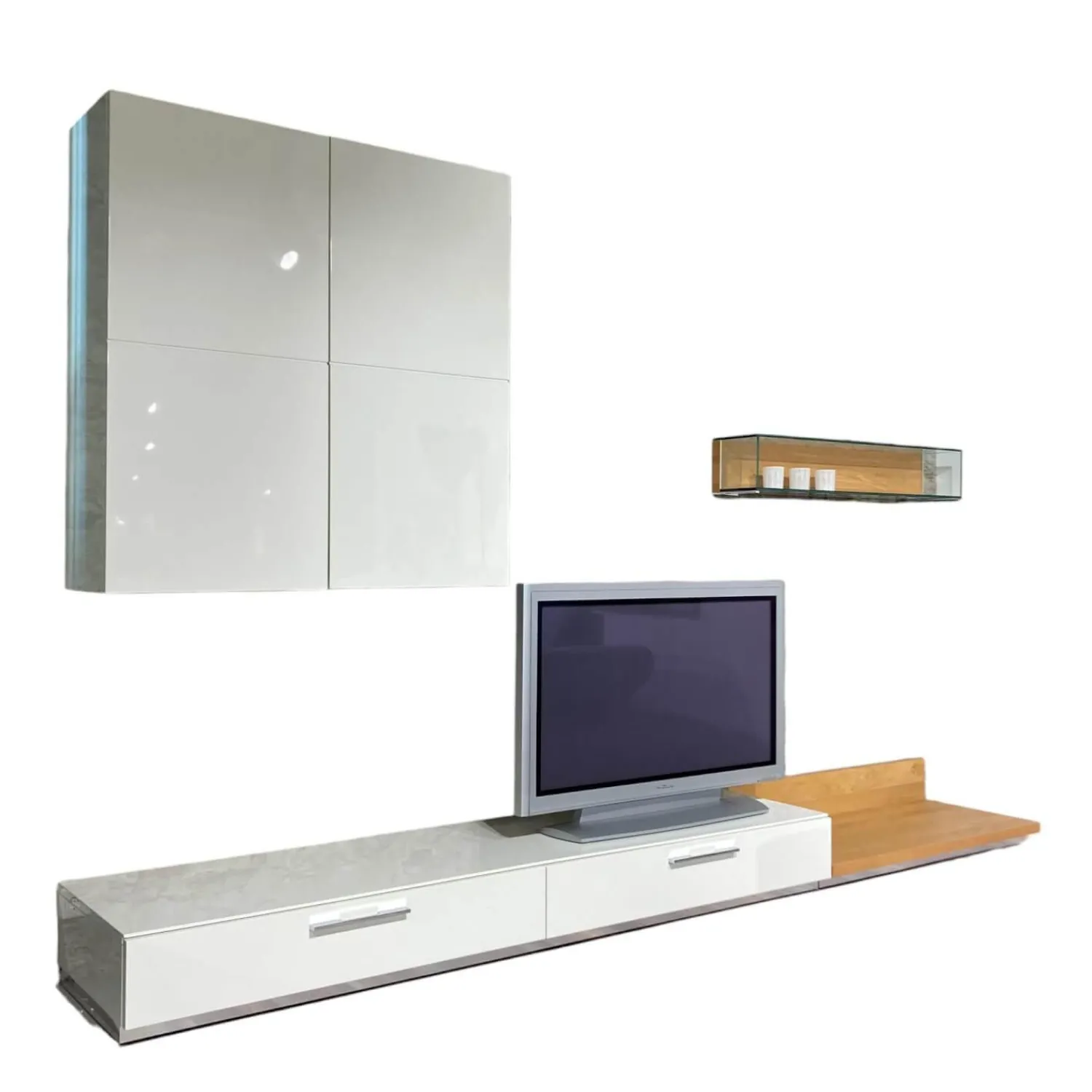 Hülsta Wohnwände & Tv-Lowboards|Wohnwand Scalic Lack Weiß Natureiche Lowboard Hängeelement Glas-Hängeelement