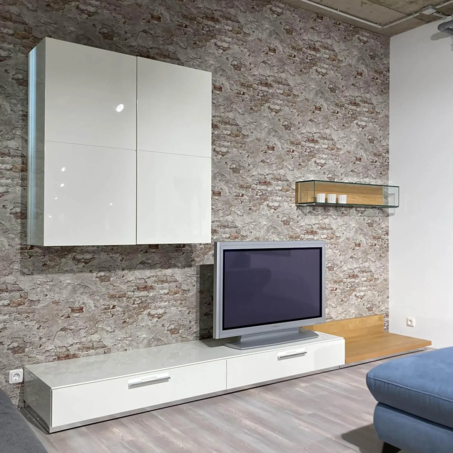 Hülsta Wohnwände & Tv-Lowboards|Wohnwand Scalic Lack Weiß Natureiche Lowboard Hängeelement Glas-Hängeelement