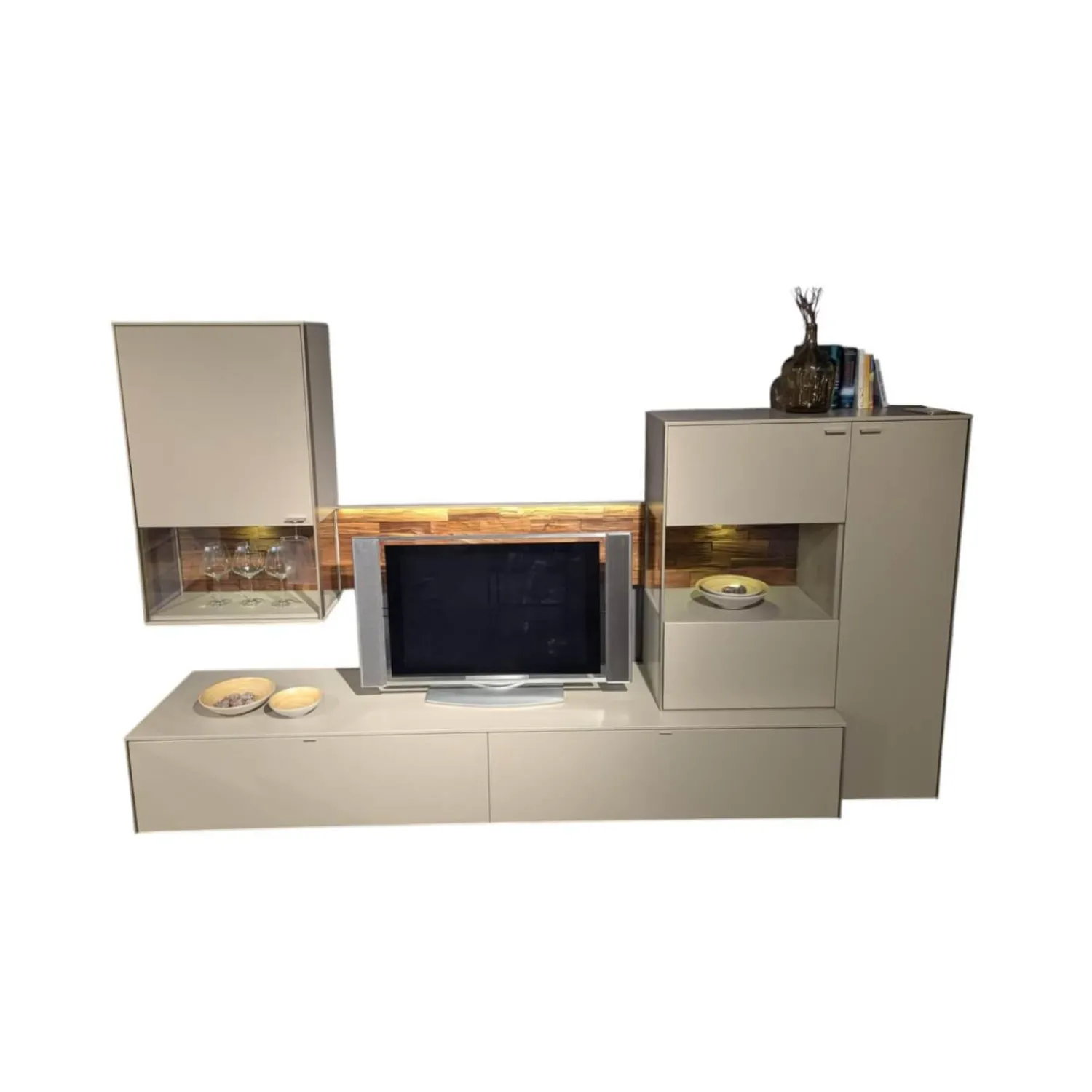 Venjakob Wohnwände & Tv-Lowboards|Wohnwand Sentino Lack Sand Matt Grau Absetzung Spaltholz Nussbaum Geölt Mit Beleuchtung Und Fernbedinung