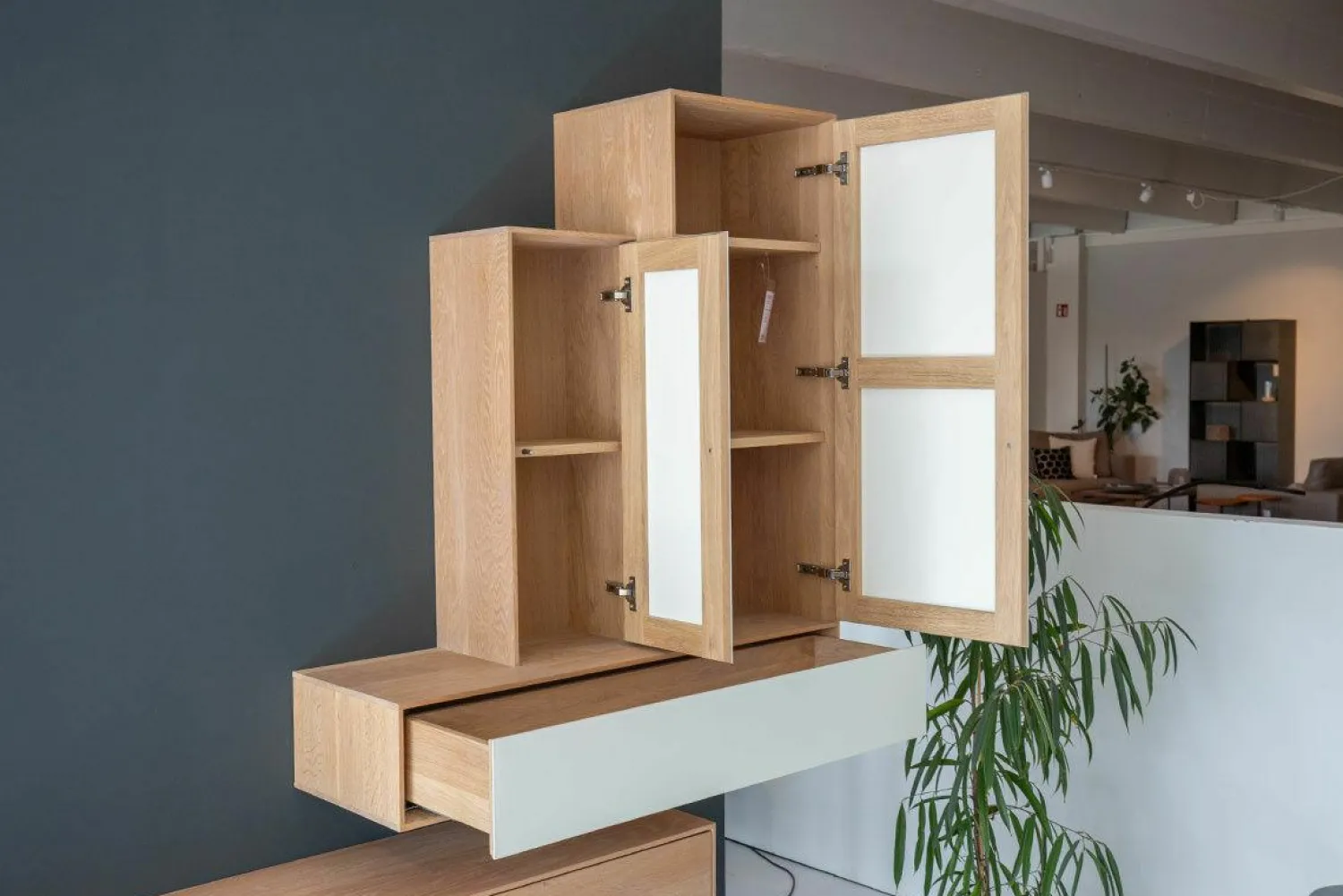 Rodam Wohnwände & Tv-Lowboards|Wohnwand Sigma Eiche 132 Harena Geölt Türen Glas Weiß Satinato