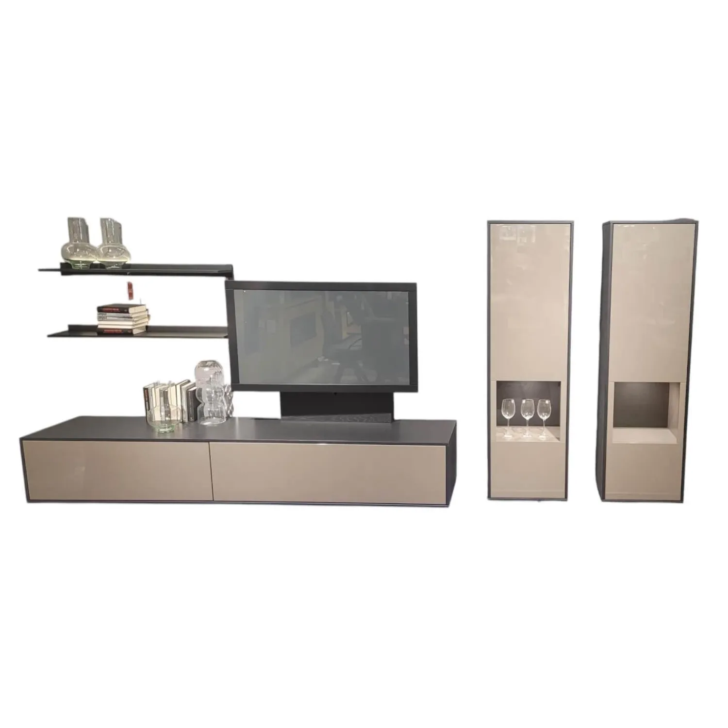 Vilano Wohnwände & Tv-Lowboards|Wohnwand Silea Wohnen Front Lack Hochglanz Taupe Korpus Eiche Graphit Mit Beleuchtung Und TV-Halterung