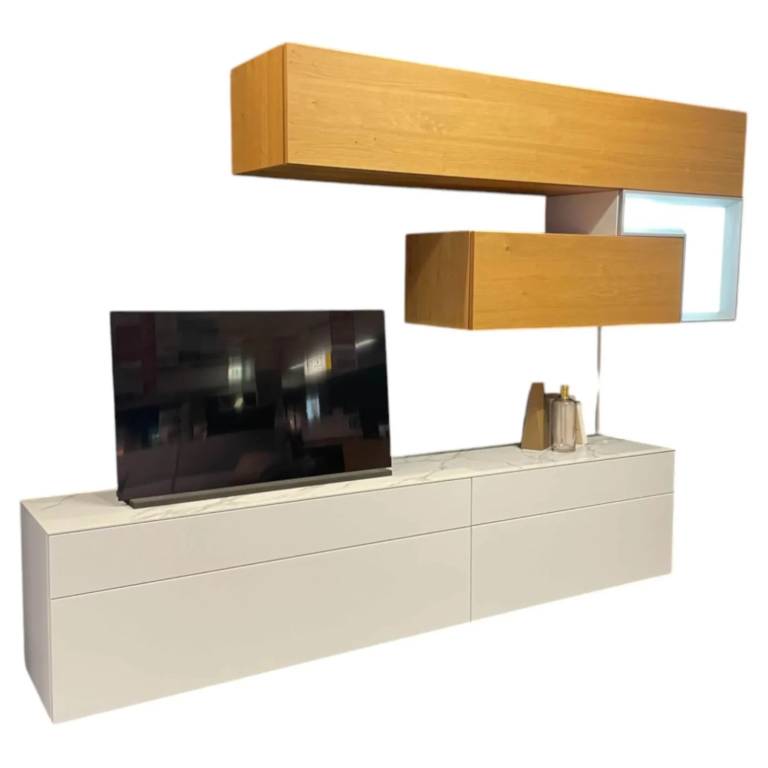 Hülsta Wohnwände & Tv-Lowboards|Wohnwand Tetrim A Korpus Und Front Lack Reinweiß Weiß Und Eiche Natur Rahmen Silberfarbig Mit LED Beleuchtung