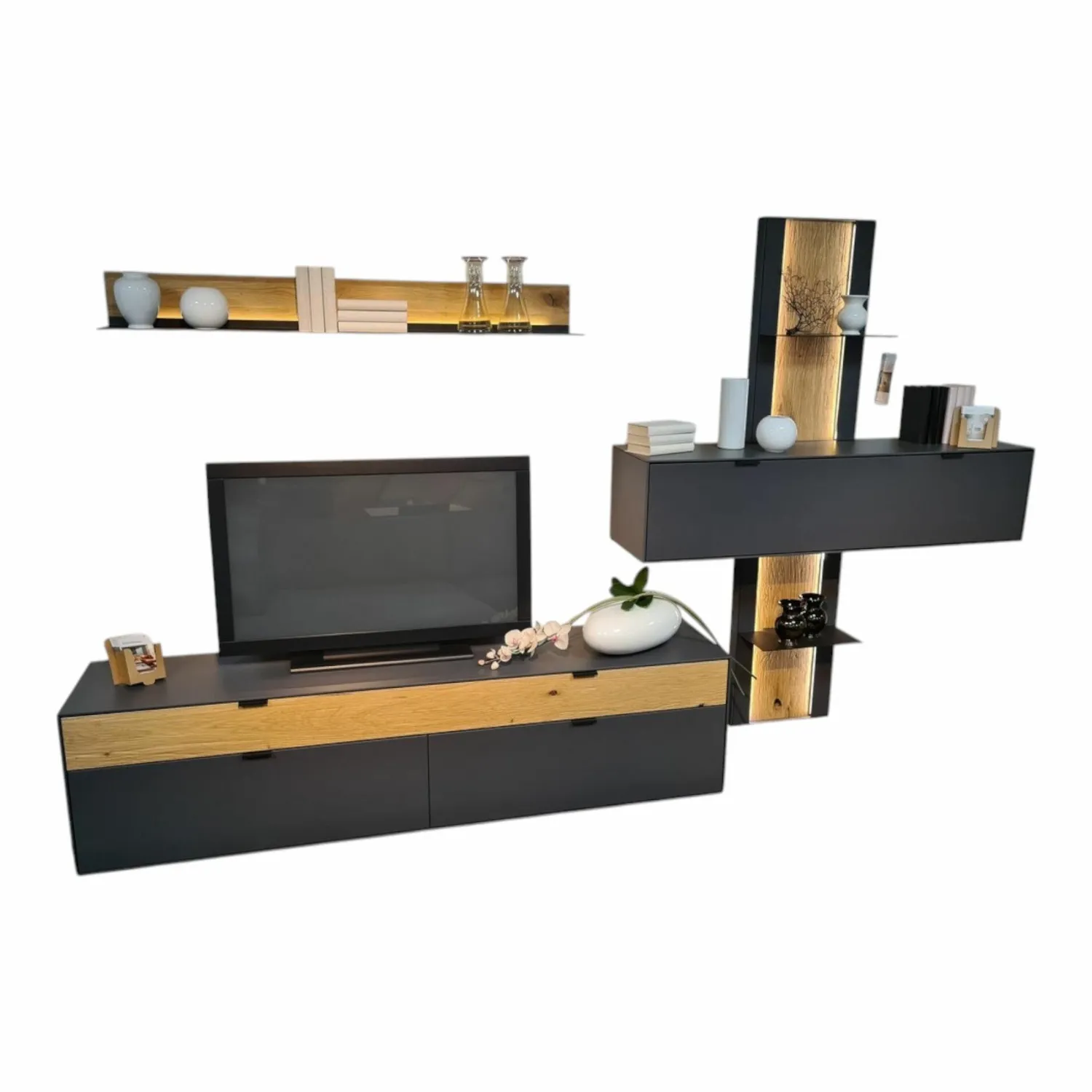 Natura Wohnwände & Tv-Lowboards|Wohnwand Tucson Front Und Korpus Lack Graphitgrau Grau Akzent Spalteiche Mit Beleuchtung