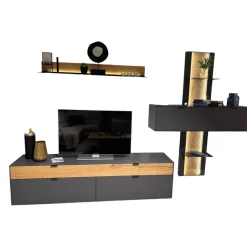 Natura Wohnwände & Tv-Lowboards|Wohnwand Tucson Lack Graphitgrau Akzent Wildeiche Mit Beleuchtung Und Funkdimmer