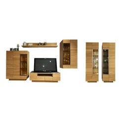 Voglauer Wohnwände & Tv-Lowboards|Wohnwand V Montana Wildeiche Geölt Glasrückwand Optiwhite Weiß Mit Beleuchtung Inklusive 2 Vitrinen