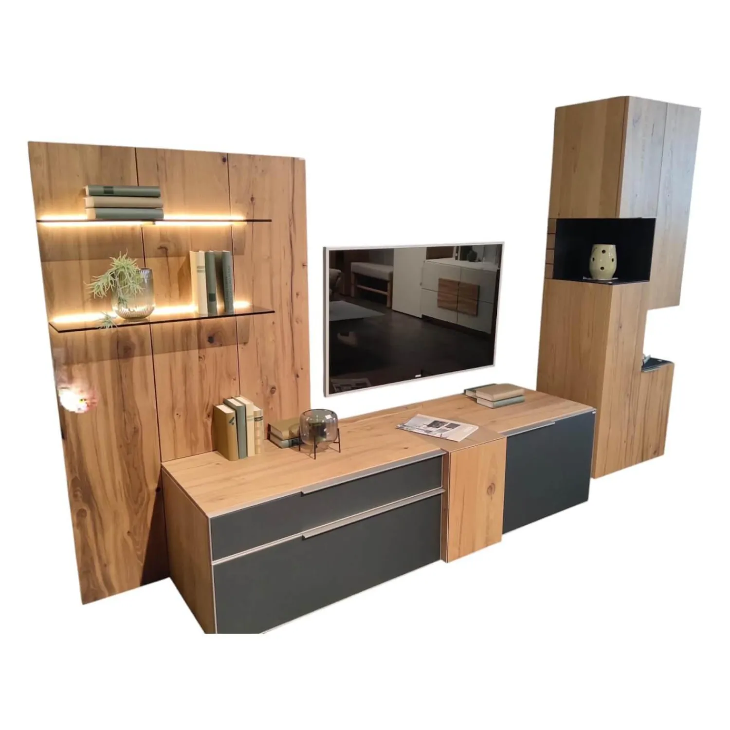 Voglauer Wohnwände & Tv-Lowboards|Wohnwand V-Alpin Eiche Altholz Colorglas Anthrazit Satiniert