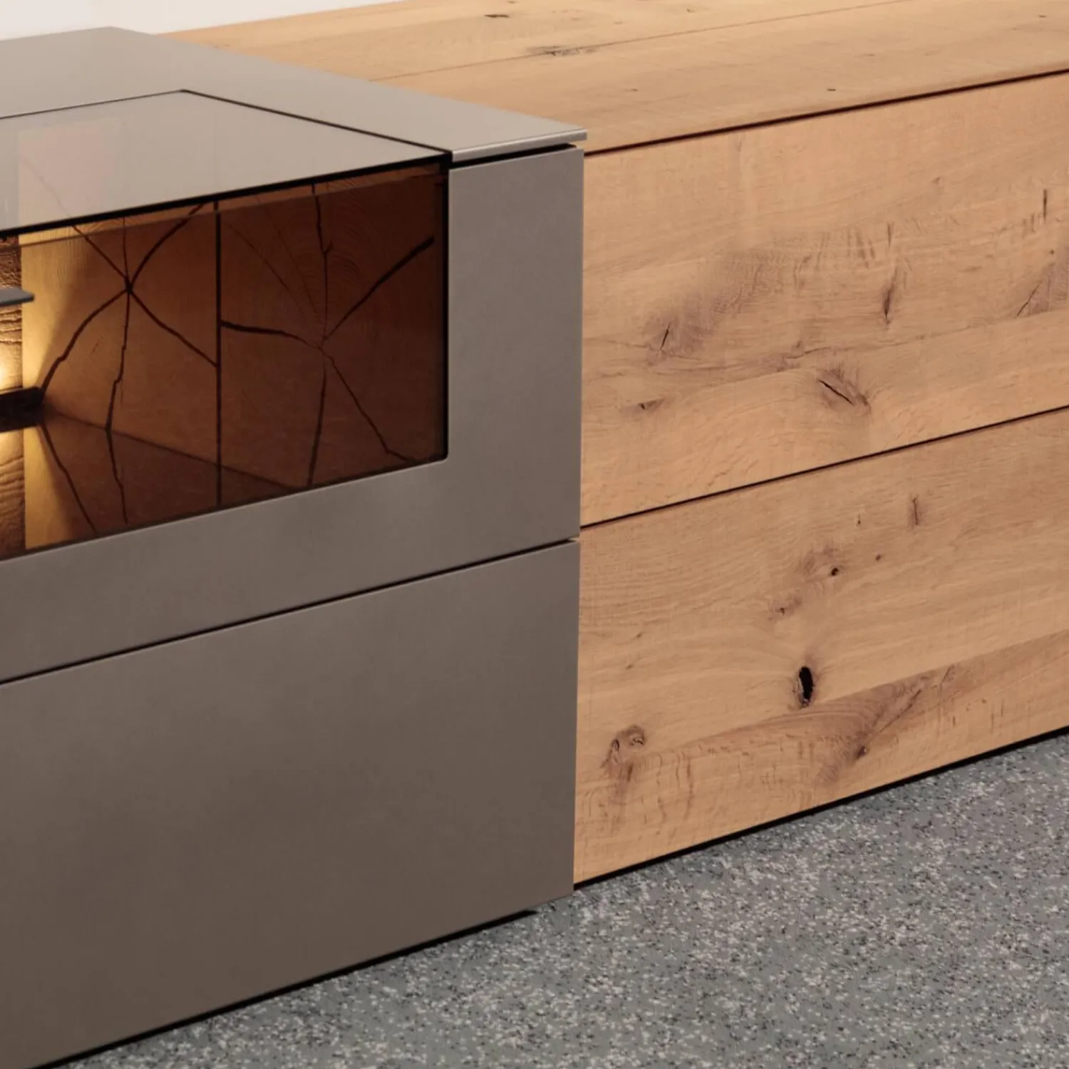 Hartmann Wohnwände & Tv-Lowboards|Wohnwand Vera 7210W Kerneiche Umato Massiv Oberfläche Sägegrau Gebürstet Lackiert Applikation Metall Titan Mit Beleuchtung