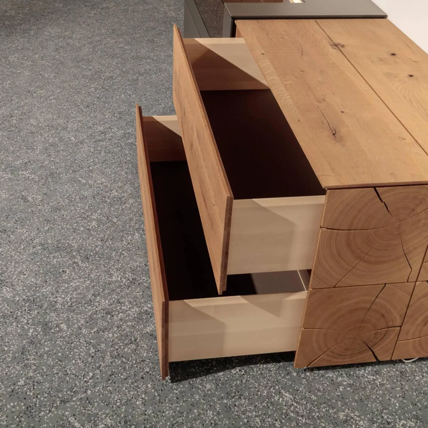 Hartmann Wohnwände & Tv-Lowboards|Wohnwand Vera 7210W Kerneiche Umato Massiv Oberfläche Sägegrau Gebürstet Lackiert Applikation Metall Titan Mit Beleuchtung