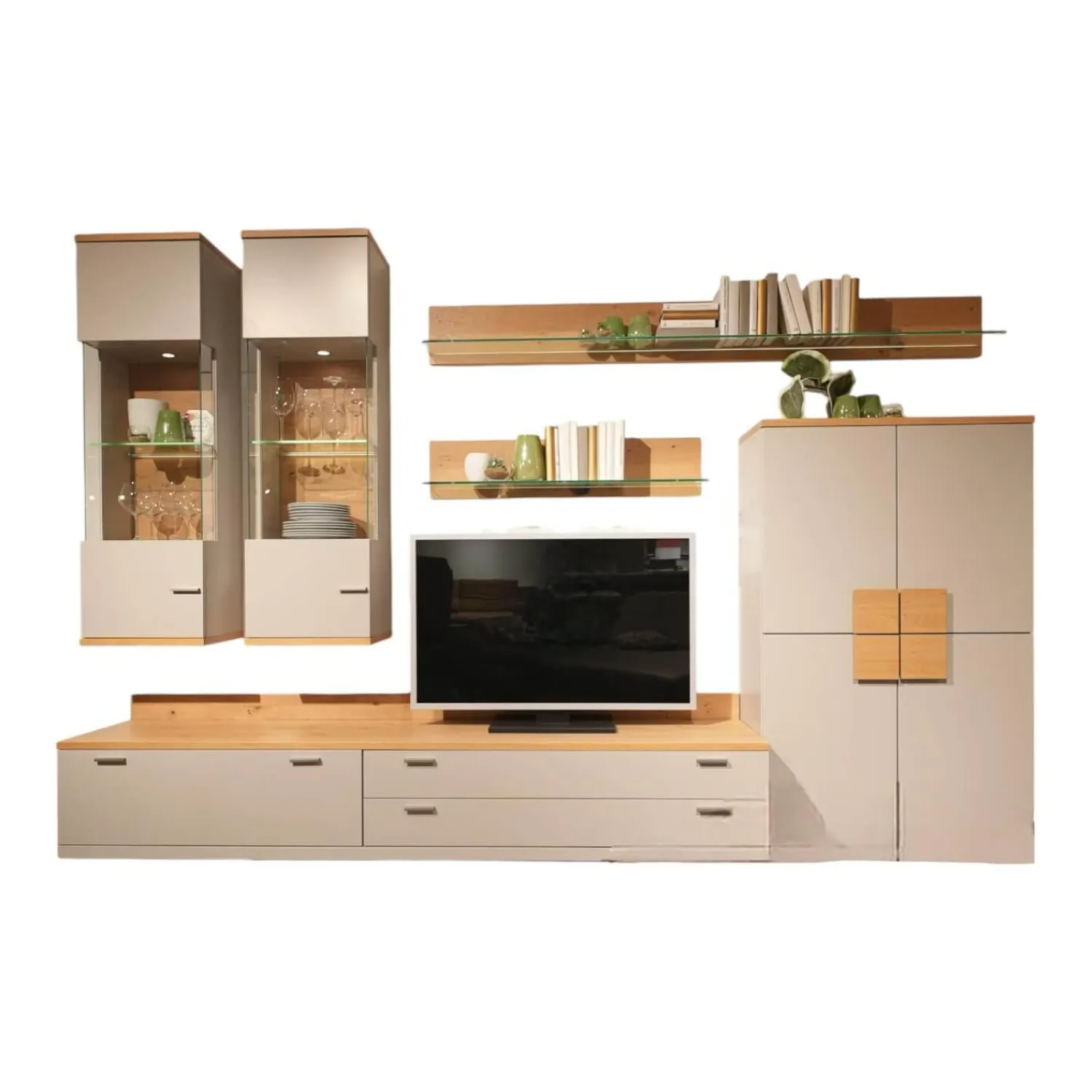 Rietberger Möbelwerke Wohnwände & Tv-Lowboards|Wohnwand Vienna 35 36011 Lack Grau Akzente Asteiche Griffe Edelstahl Inklusive Beleuchtung