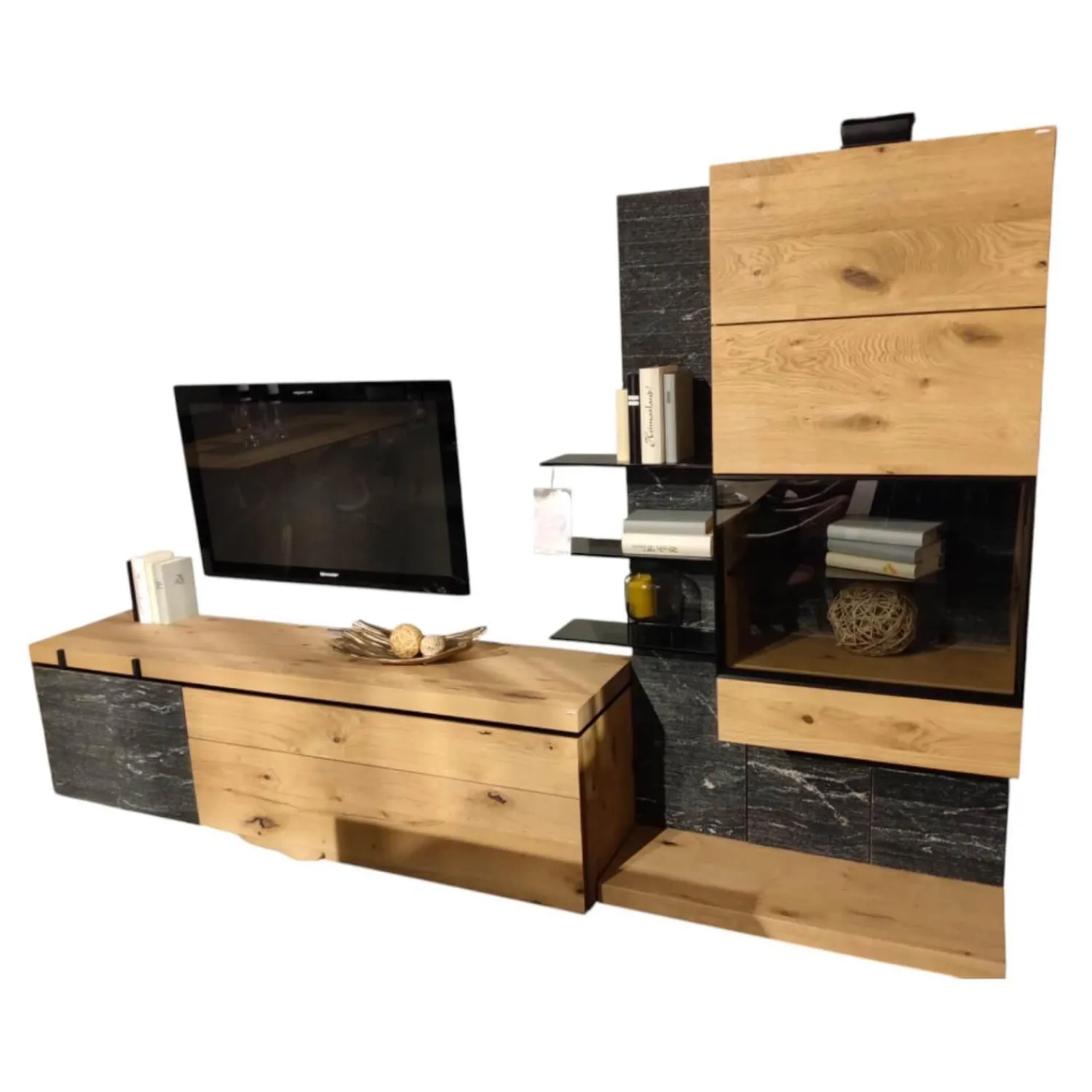 Voglauer Wohnwände & Tv-Lowboards|Wohnwand V-Rock Alteiche Rustiko Steinakzent Alpengranit Schwarzgrau