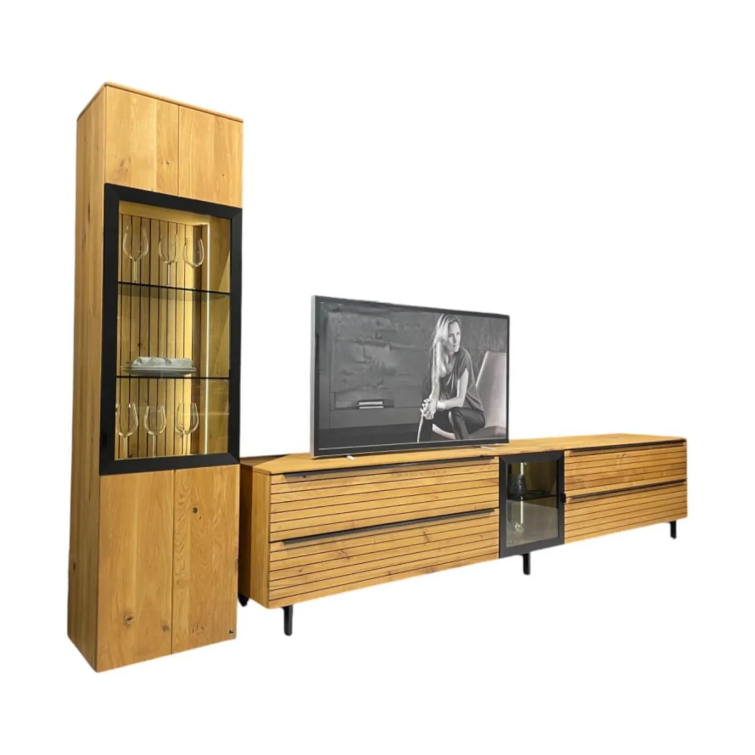 WK Wohnen Wohnwände & Tv-Lowboards|Wohnwand WK 490 Baristo Asteiche Massiv Naturbelassen Geölt Front Rillenoptik Mit LED Beleuchtung