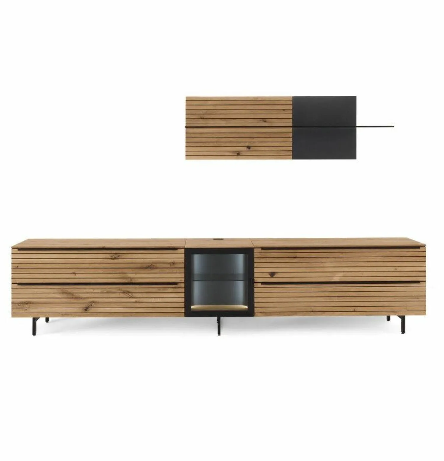 WK Wohnen Wohnwände & Tv-Lowboards|Wohnwand WK490 Baristo V18003 Asteiche Natur Front Mitte aus Farbglas Anthrazit Satiniert