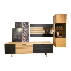 Wöstmann Wohnwände & Tv-Lowboards|Wohnwand WM 2320 Kanadische Erle Massiv Natur Front Mattglas Schwarz Mit LED Beleuchtung